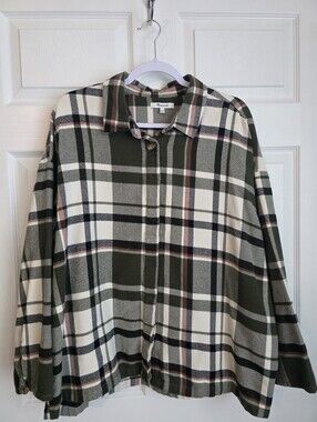 Madewell Bromley Flannel Plaid Shirt Shacket Olive Green Cream XL